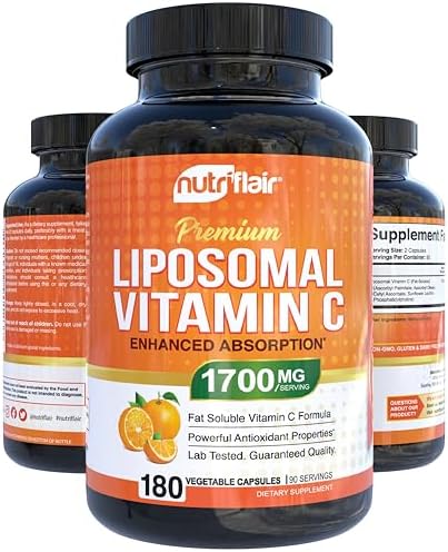 NutriFlair Liposomal Vitamin C 1700mg, 180 Capsules - High Absorption, Fat Soluble VIT C, Higher Bioavailability Immune System Support & Collagen Booster, Non-GMO, Vegan Pills