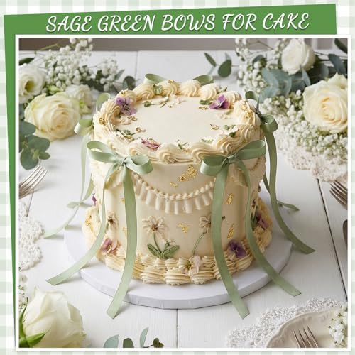 30 Pack Bow Cake Toppers Sage Green Ribbon Bows for Cake Bow Cupcake Toppers Light Green Bow Birthday Decorations for Wedding Bridal Shower Baby Shower Birthday Party Decorations