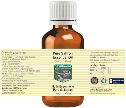 Pure Saffron Essential Oil (Crocus sativus) Steam Distilled 2ml (0.06 oz)
