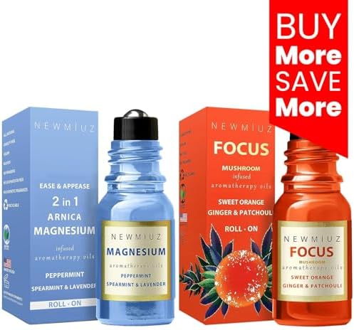 Roll-On Essential Oil Blends Focus Memory Concentration Orange Ginger Patchouli & Migraine Roll-On Essential Oil Blends Anti Stress Magnesium Peppermint Spearmint and Lavender Pack of 2