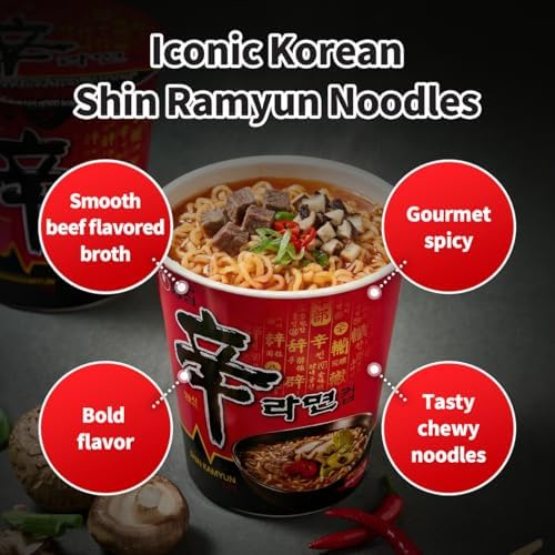 Nongshim Shin Ramyun Cup of Noodles, Spicy Signature Korean Instant Ramyun, Rich Beef Flavored Broth, Quick and Easy, Microwaveable Cup, 2.64 oz (Pack of 6)