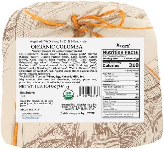 Vergani Organic Colomba, 1.65 Pounds – Traditional Italian Holiday Bread Cake with Candied Orange Peel Filling. Premium Dessert Gift, Pack of 1