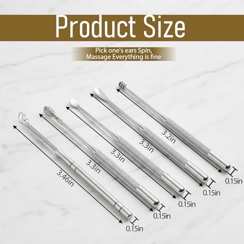 Dimeho Ear Pick Earwax Removal Kit, 5 Pcs Stainless Metal Ear Cleaning Tool Set with Ears Spoon & Spiral Spring Ear-Curette Remover Tool for Adults Reusable Ears Cleaner Kit