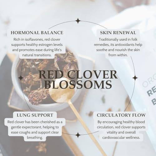 Organic Red Clover Blossoms 2 oz. (57g), USDA Certified Organic Red Clover Blossom Tea, Whole
