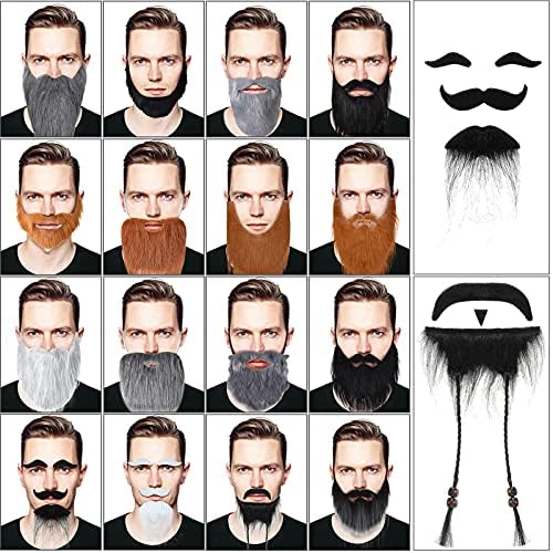 Waydress 16 Pieces Fake Mustache Beards Halloween Costume Accessories Funny False Beards Fake Whisker Mustache with Adjustable Elastic Rope for Old Man Jesus Cosplay Party