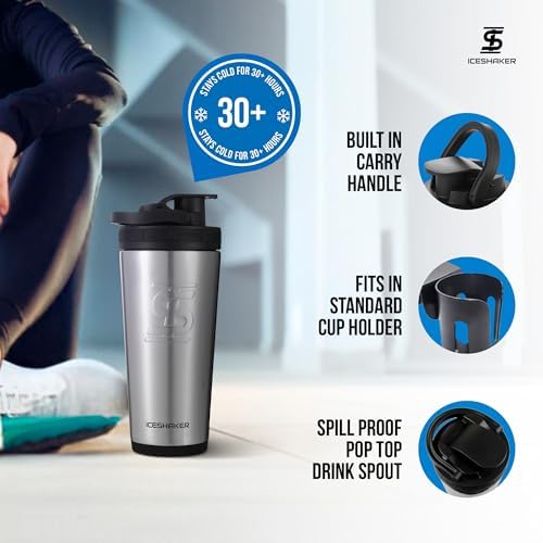 Ice Shaker Insulated Stainless Steel Shaker Bottle | 26oz, Stainless Steel | Cold for 30+ Hours | Insulated Cup with Twist-on Agitator | Odor-Free Bottle for Protein Shakes, Water, Cocktails