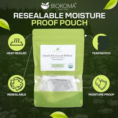 Biokoma Organic Small-Flowered Willow Dried Herb 30 Tea Bags (1.5oz) Epilobium Parviflorum USDA Organic Herbal Tea Urinary Support Prostate Health Resealable Pouch No Additives No Preservatives Kosher