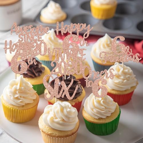 Rsstarxi 24 Pack Happy 6th Birthday Cupcake Toppers Glitter Six 6 Fabulous Vintage 2020 Cupcake Picks for Cheers to 6 Years 6th Birthday Wedding Anniversary Party Cake Decorations Rose Gold
