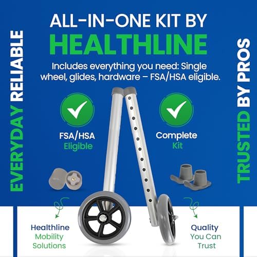 Healthline Walker 5” Wheels with Rear Glides – Universal Replacement Kit for Standard 1” Walkers – Includes 2 Fixed Front Wheels + 2 Ski-Style Glides – Smooth Indoor/Outdoor Rolling, Adjustable Height