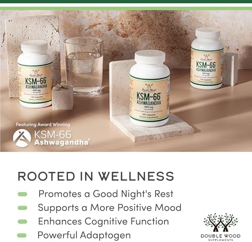 Double Wood Supplements Ashwagandha KSM 66 Organic and Clinically Studied Extract (600mg Per Serving, 120 Capsules, 60 Servings) Adaptogen Cortisol Manager for Women and Men