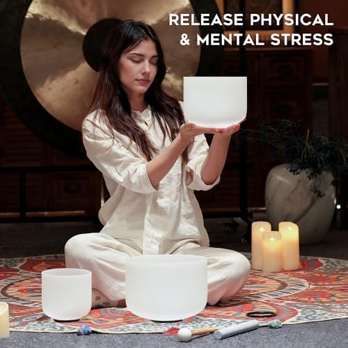 CVNC Set of 3 PCS 440HZ 6" A Note 8" F Note and 10" C Note Frosted Chakra Quartz Crystal Singing Bowl with Carry Case Bag for Sound Healing Meditation