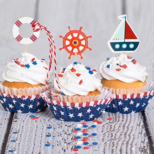 72 Pieces Nautical Cupcake Toppers Ocean Theme Toothpicks Birthday Cake Picks Decorations for Navy Baby Shower Party Favors Supplies