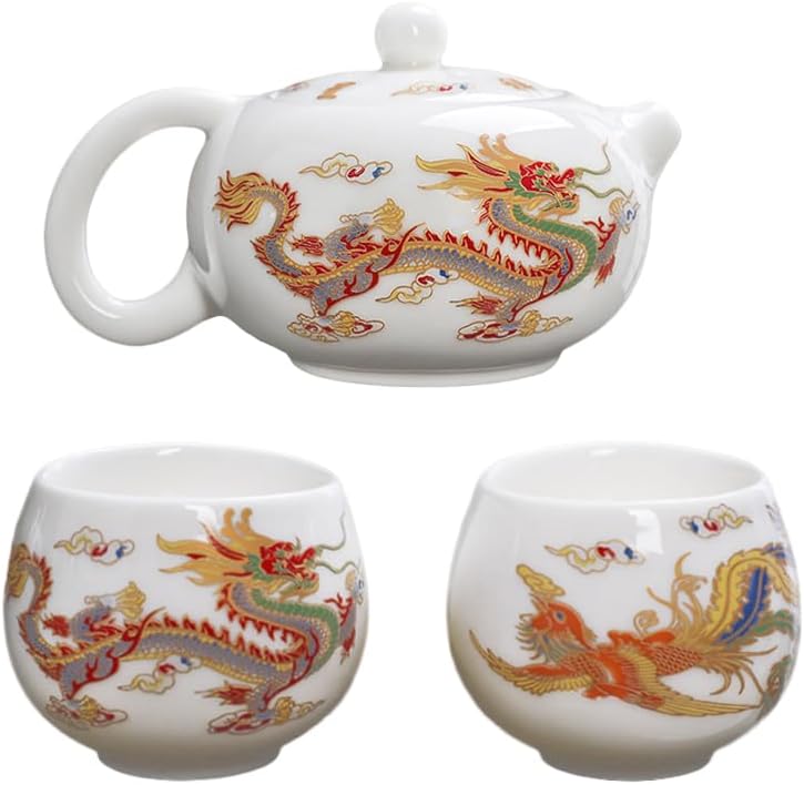 Hand-made Dragon and Phoenix Color-changing White Porcelain Teapot FunnyTea Set Kung Fu Tea Pot Tea Lover‘s Gift (Teapot + 2*Cups)