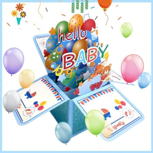 New Baby Congratulations Card Funny Hello Baby 3D Greeting Box Card for Boy Girl with Envelopes，Note Tag and Baby Non Slip Socks (Blue)