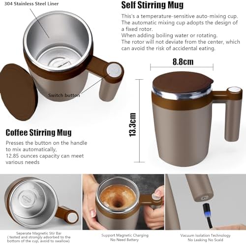 Self Stirring Mug,Rechargeable Auto Magnetic Coffee Mug with 2Pc Stir Bar,Waterproof Automatic Mixing Cup for Milk/Cocoa at Office/Kitchen/Travel 14oz Best Gift - Brown