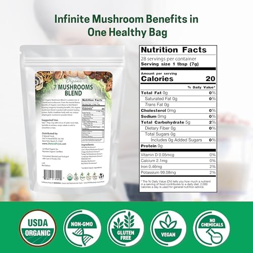 Z Natural Foods Organic 7 Sacred Mushrooms Blend - Mushroom Powder - Lion’s Mane, Cordyceps, Chaga, Red Reishi, Shiitake, Maitake & Turkey Tail Extract for Coffee, Smoothies, 7 oz