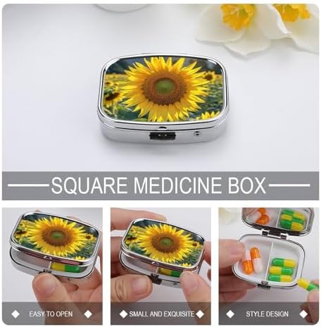 Square Pill Box The Most Beautiful Sunflower Pill Case 2 Compartment Medicine Pill Organizer for Purse & Pocket Portable Travel Pillbox Medicine Vitamin Cod Liver Oil Storage Box Organizer