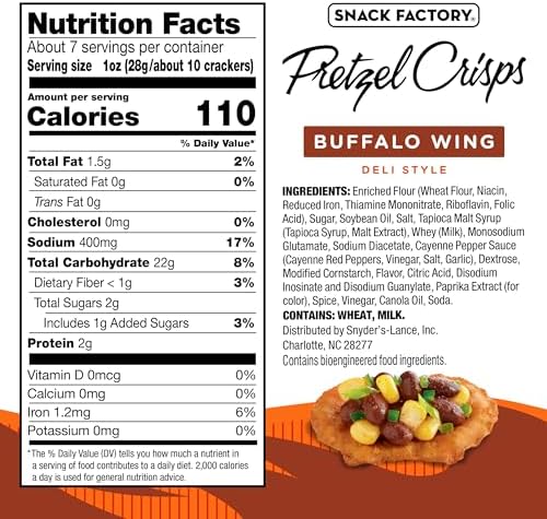 Snack Factory Buffalo Wing Pretzel Crisps, Non-GMO, 7.2 OZ Resealable Bag, (Pack of 2)