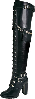 Yishaweiqi Buckle Strap Wide Calf Thigh High Boots for Women Chunky Block High Heel Over The Knee Boots Lace up Riding Combat Boots Ladies Side Zipper Tall Long Boots