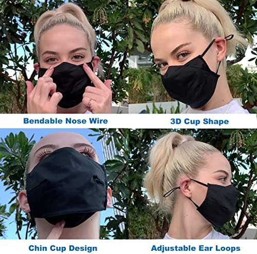 Yarehand 3-Ply Organic Cotton Cloth Face Mask Reusable Washable, Face Masks Adjustable Ear Loops Nose Wire Filter Pocket, Pack of 3 No Fog/Dust for Unisex Adult (3 Black)
