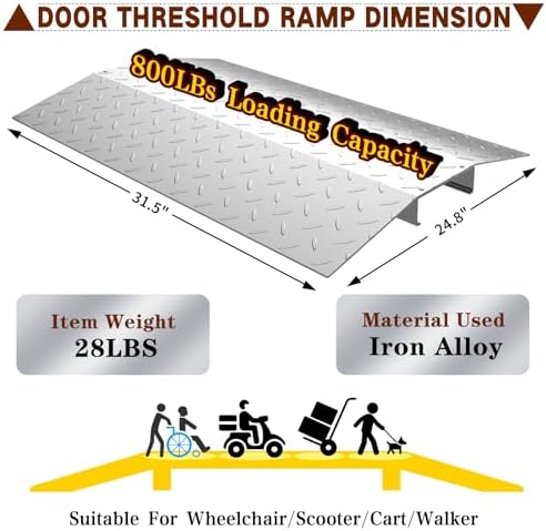 Sliding Door Threshold ramp 31.5" W*24.8" L, Metal Bridge Doorway Threshold ramp to go Over The Threshold for wheelchairs/Scooters/Walkers(for Threshold Height < 1.6" & Width ＜5.6")
