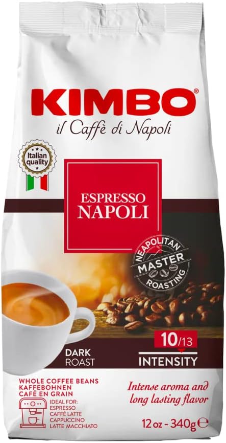 Kimbo Espresso Napoli Whole Beans 12 Oz Bag - Blended and Roasted in Italy - Medium to Dark Roast with Pleasant Floral Flavors