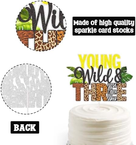 Young Wild And Three Cake Topper, Young Wild And Three Party Decorations Safari Jungle Theme 3rd Birthday Party Decor