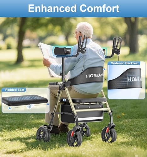 Upright Walkers for Seniors, Stand Up Rollator Walker with Adjustable Padded Armsupport & Seat, Folding Rolling Walker with 8'' Wheel Suitable for All Terrain, Champagne