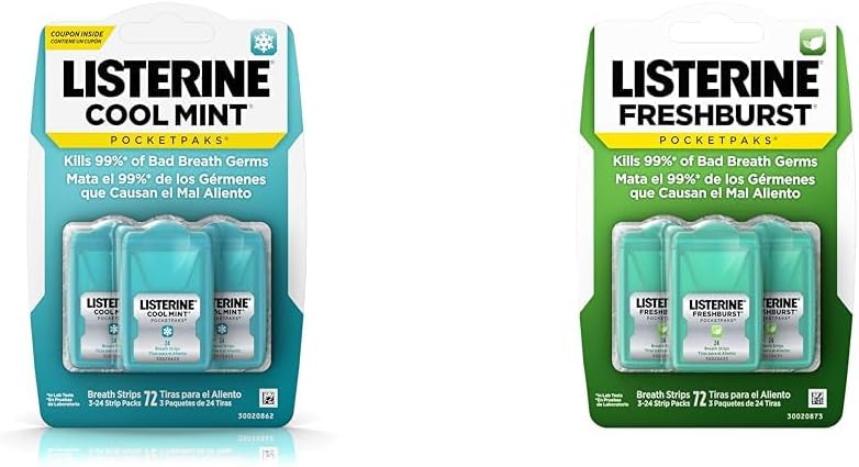 Listerine Pocketpaks Cool Mint Breath Strips 72 Count + 3 Packs Listerine Freshburst Breath Strips 24 Count Each