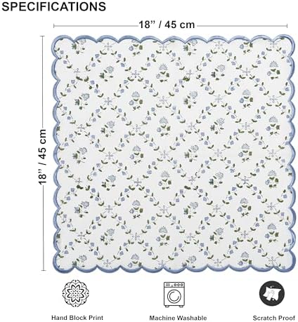 Ridhi Hand Block Print Powder Blue 18" x 18" (Set of 4) Embroidery Table Napkins Reusable Cotton Dinner Napkins for Weddings, Parties, Everyday Dining Gift for Spring, Easter, Valentine