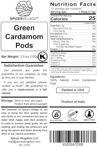 SPICES VILLAGE Green Cardamom Pods (3.5 oz) - Whole Cardamom Spice, Fancy Size Large Seeds, All Natural Indian Herb, Aromatic Green Cardamon - Kosher, Gluten Free, Vegan, Non GMO, Resealable Bulk Bag