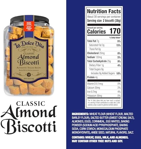 La Dolce Vita Classic Almond Italian Biscotti Cookie Snacks with Whole Almonds, 40 oz. Jar, 30 Servings (Pack of 1)