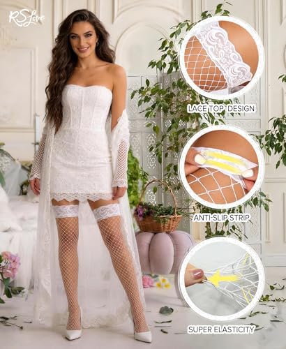 RSLOVE Women's Lace Top Fishnet Thigh-High Stockings with Antiskid Silicone Sexy Stay Up Tights Pantyhose