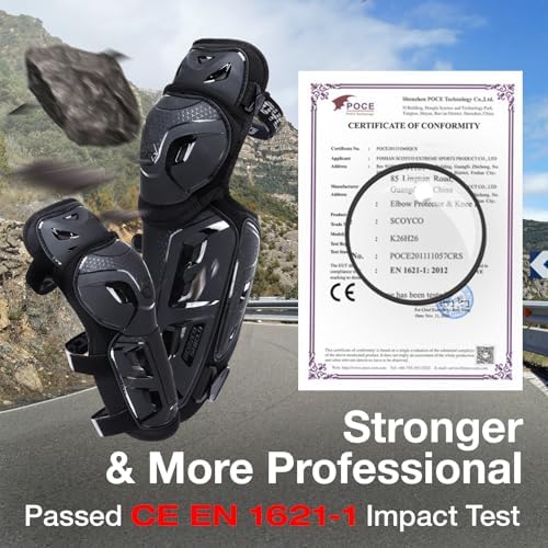 SCOYCO Motorcycle Knee Pads for Men - CE Level 1 Motocross Knee and Elbow Guards Protective Gear Armor with 45°-180° Knee Flexibility Design Adjustable Elastic Band