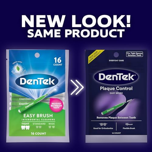 Dentek Plaque Control Interdental Brushes - Tight, 16 Count - Easy-Brush Interdental Plaque Remover with Fluoride - Cleans Tight Spaces Around Teeth, Braces & Other Dental Appliances