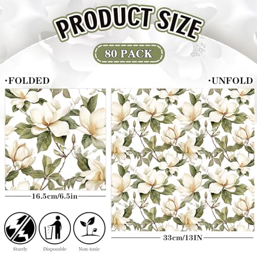 Whaline 80 Pcs Magnolia Paper Napkins White Floral Luncheon Napkin Watercolor Spring Flower Blossom Disposable Dessert Dinner Hand Napkin for Wedding Birthday Bridal Baby Shower Party Supplies