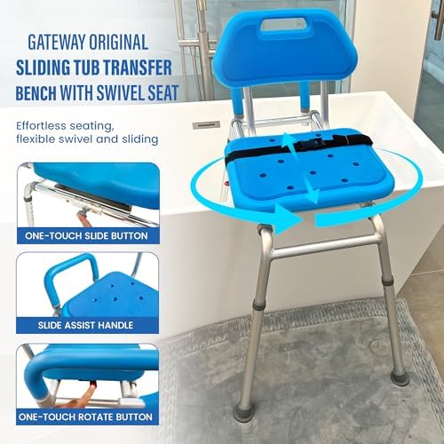 Gateway Premium Sliding Shower Chair Bath Transfer Bench with Swivel Padded Bath Tub Seat for Tubs and Shower, for Handicap & Seniors Mobility & Daily Living, Blue
