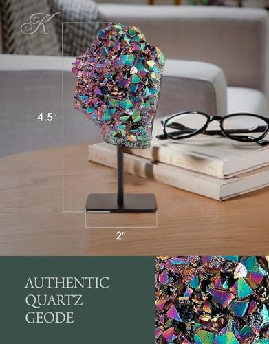 KALIFANO Large Angel Aura Quartz Geode on Stand - Titanium Bonded High Energy Crystal Amethyst - Natural Reiki Rainbow Cuarzo Rock with Healing and Calming Effects (Family Owned and Operated)