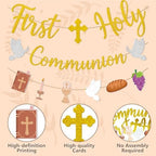 Pre-Strung 9.8 Ft First Holy Communion Glitter Gold Banner, Christian Religious Banner Baptism Decorations for Kids Boy Girl Baby Shower Party Supplies