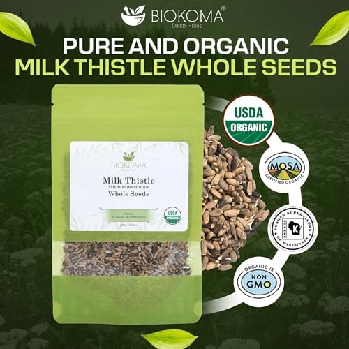 Biokoma Organic Milk Thistle Seeds 3.55 oz, Silybum Marianum for Milk Thistle Tea, USDA Organic Herbal Tea, Loose Whole Seeds in Resealable Moisture Proof Pouch, Non GMO, No Additives, Kosher