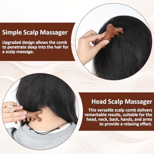 4-in-1 Wooden Scalp Massager Comb, Wooden Hair Scalp Comb Hair Growth Head Massager Scalps Guasha Tool Gua Sha Combs for Face & Body Wood Massage Combs for Stress Relief Relaxation Circulation