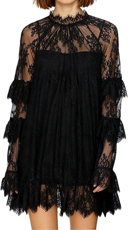 Women Lace Long Sleeve Mini Dress Y2k Sexy See Through Mesh Sheer Spring Short Dresses Party Night Out Club Cocktail