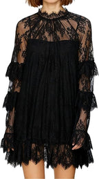 Women Lace Long Sleeve Mini Dress Y2k Sexy See Through Mesh Sheer Spring Short Dresses Party Night Out Club Cocktail