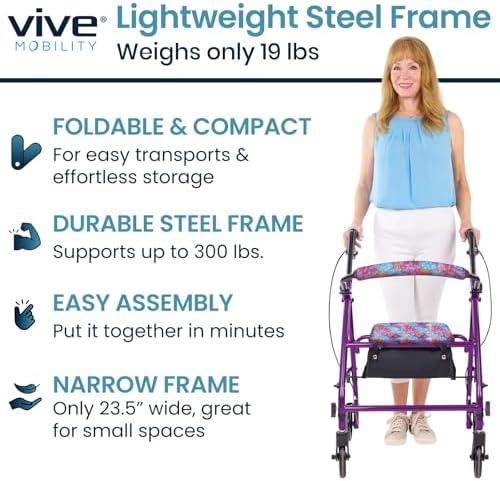Vive Mobility Steel Rollator Walker with Seat - Foldable, Narrow, Rolling Senior Walker for Small Spaces - 4 Wheel Lightweight Adult Easy Drive with Underseat Storage, Adjustable Height (Black)
