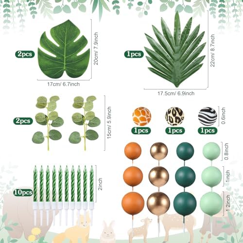 Tallew 42 Pcs Safari Jungle Animal Cake Toppers Wild One Zebra Lion Giraffe Elephant Tiger Palm Leaves Cake Decorations for Wild Zoo Birthday Party Supplies