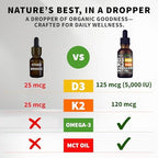(2 Pack) Organic Vitamin D3 K2 Drops with MCT Oil & Omega 3 - Liquid Vitamin D3 5000 IU - K2 D3 Vitamin Supplement - Vitamin D Drops for Women & Men - No Fillers, Non-GMO, GMP, Unflavored (2 Fl Oz)