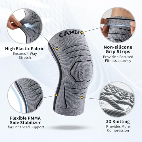 CAMBIVO Knee Brace for Women & Men, 2 Pack Lightweight Latex Free Knee Compression Sleeves with Side Stabilizers for Knee Pain Relief, Running, Walking, Workout & Daily Support (Gray, Large)