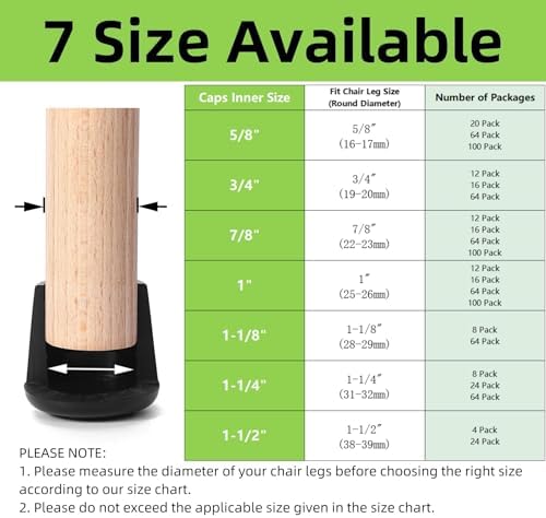 7/8" Chair Leg Tips Caps, Non-Slip Rubber Leg Tips, Stool Leg Protectors Cap, Folding Metal Chair Leg Tip Replacement, Chair Leg Floor Protectors Round Black, 12 Pack