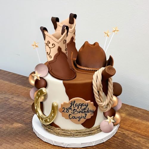 JeVenis Luxury Cowboy Rodeo Cake Topper Cowboy Western Cake Decorations Cowboy Hat Birthday Cake Topper Palm Leaves Cake Topper Cow Balls Cake Topper