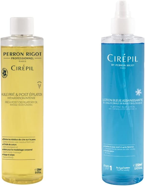 Cirepil Professional Pre & Post Waxing Duo Bundle - Blue Lotion Cleanser (8.45 oz) and Pre & Post Depilatory Moisturizing Oil (8.45 oz) - Complete Skin Preparation & After-Care Treatment